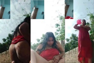 Nude desi Bhabhi bathing outdoors and enjoys video call sex